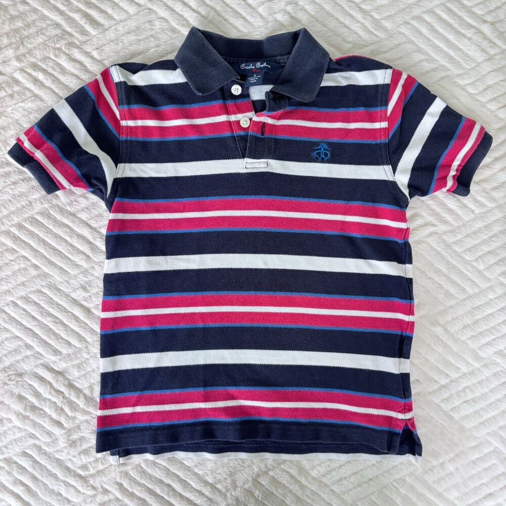 Brooks Brothers Boys Size 4 Striped Pique Polo Shirt Navy Pink White Cotton